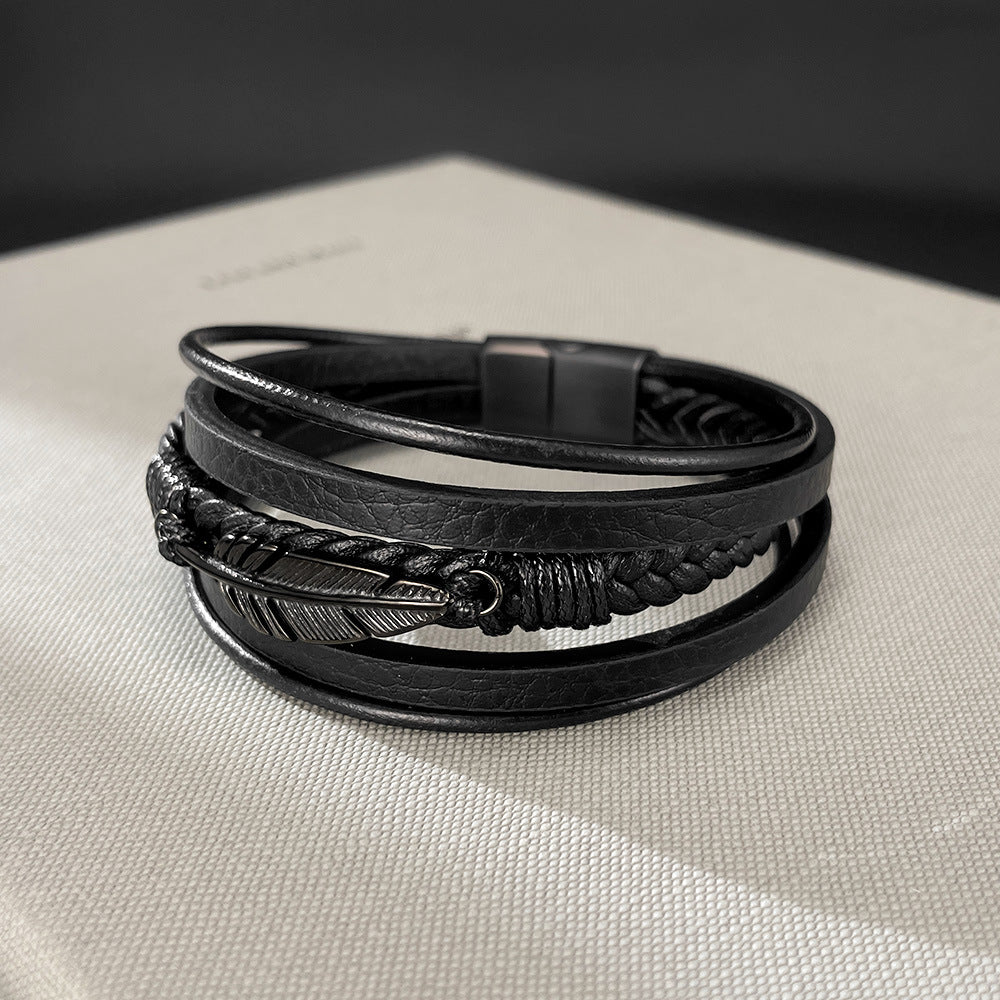 Rockyu メンズブレスレット 本革×ステンレス 羽モチーフ 編み込みデザイン