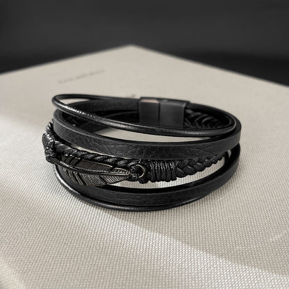 Rockyu メンズブレスレット 本革×ステンレス 羽モチーフ 編み込みデザイン