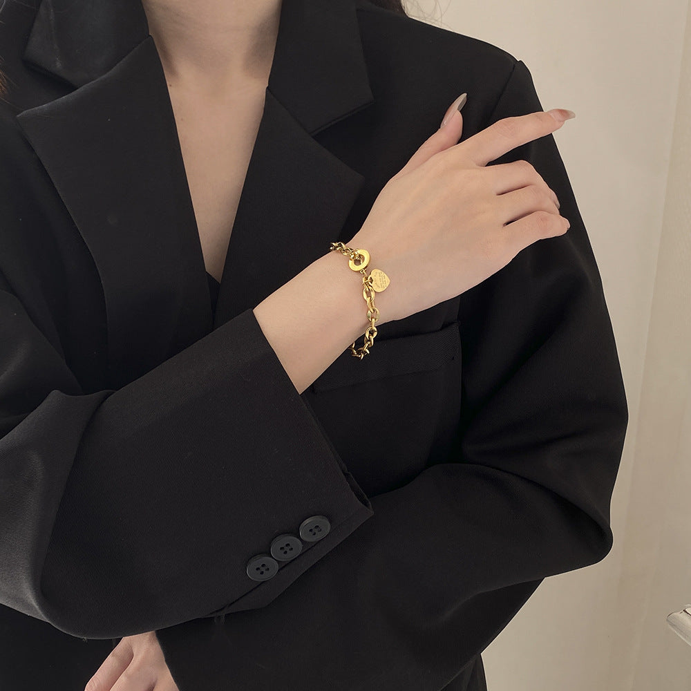 Rockyu ハートチャームブレスレット レディース チタン製 ゴールド＆シルバー OTリング刻印付き