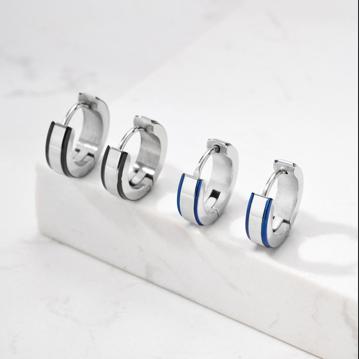 Rockyu ピアス 幅広フープ メンズ レディース シルバー×ブルー ステンレス 鏡面仕上げ 金属アレルギー対応