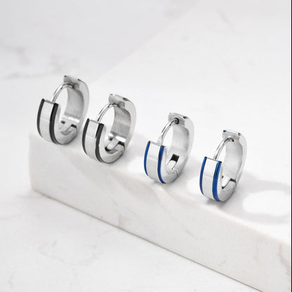 Rockyu ピアス 幅広フープ メンズ レディース シルバー×ブルー ステンレス 鏡面仕上げ 金属アレルギー対応