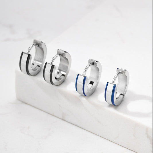 Rockyu ピアス 幅広フープ メンズ レディース シルバー×ブルー ステンレス 鏡面仕上げ 金属アレルギー対応