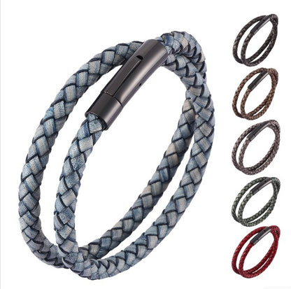 Rockyu ブレスレット メンズ レディース 本革 レザー 二連 編み込み ステンレス 磁気ボタン留め おしゃれ アクセサリー