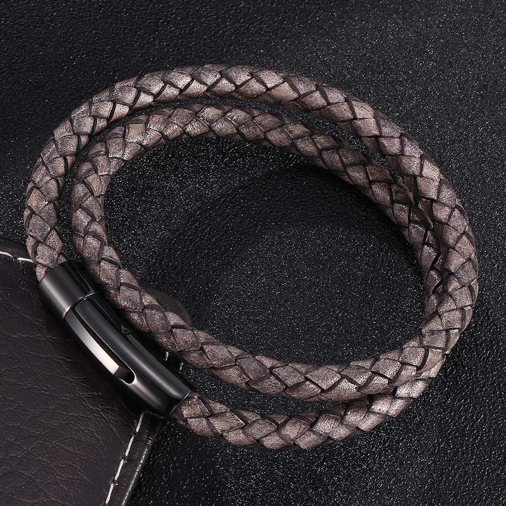 Rockyu ブレスレット メンズ レディース 本革 レザー 二連 編み込み ステンレス 磁気ボタン留め おしゃれ アクセサリー
