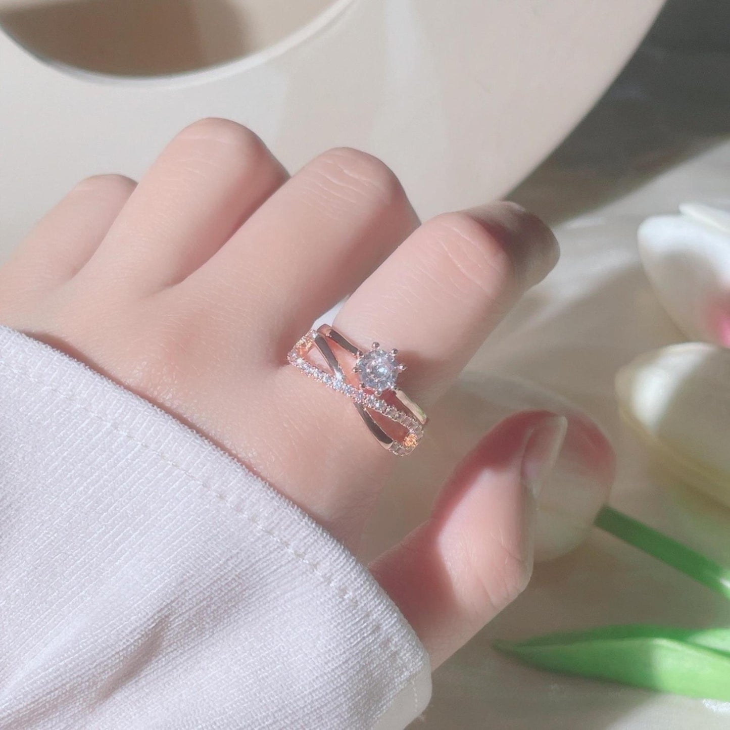 Rockyu 2連クロスリング ジルコニア装飾 フリーサイズ レディース指輪 幅広デザイン