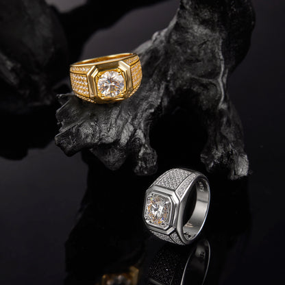 Rockyu メンズリング ゴールド＆シルバー調 大粒ジルコニア フリーサイズ 幅広デザイン