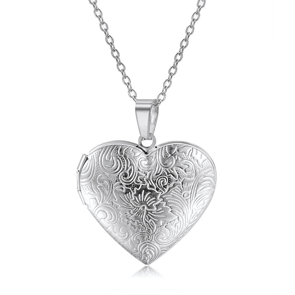 Rockyu レディースネックレス ハートロケットペンダント 写真入れ 彫刻風デザイン シルバー ゴールド 鎖骨チェーン 記念日 ギフト