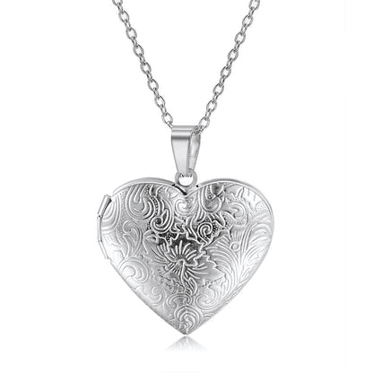 Rockyu レディースネックレス ハートロケットペンダント 写真入れ 彫刻風デザイン シルバー ゴールド 鎖骨チェーン 記念日 ギフト