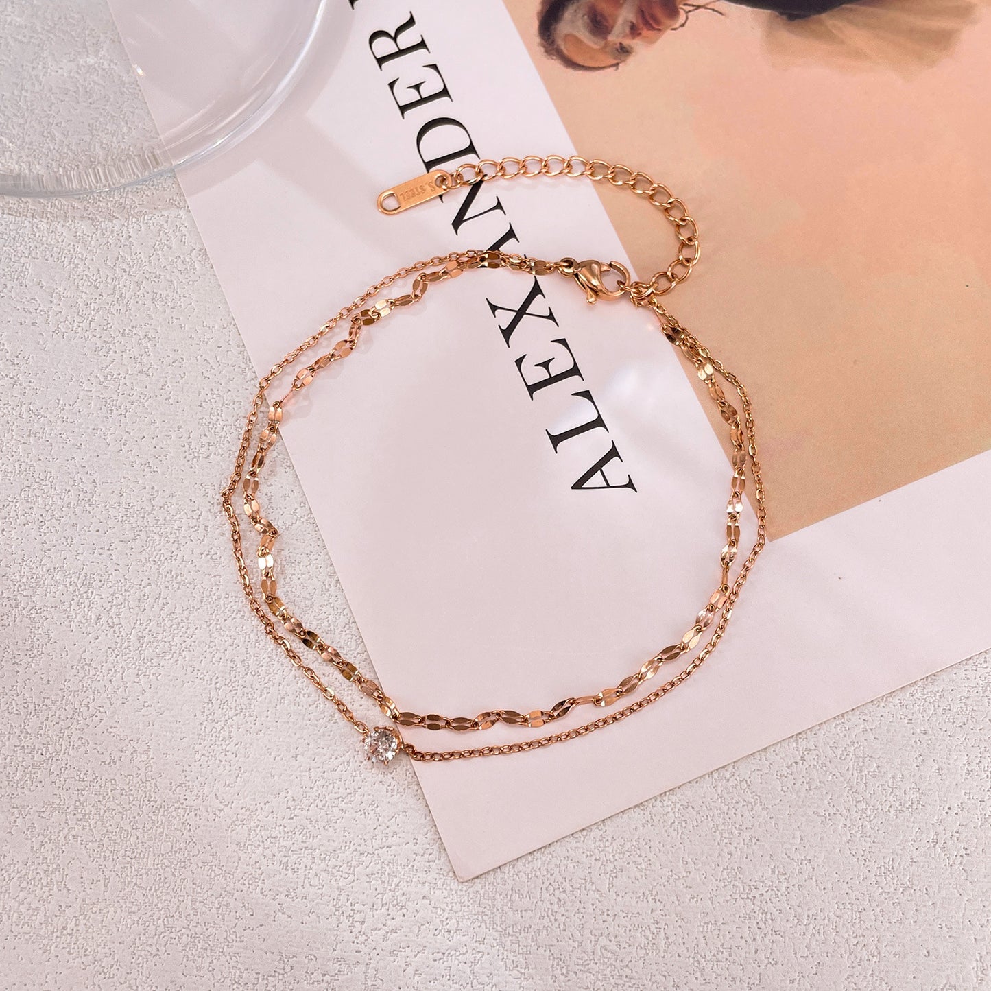 Rockyu アンクレット レディース ローズゴールド＆シルバー ダブルチェーン ジルコニア付き