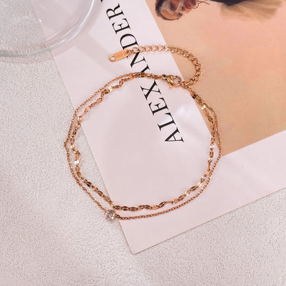 Rockyu アンクレット レディース ローズゴールド＆シルバー ダブルチェーン ジルコニア付き