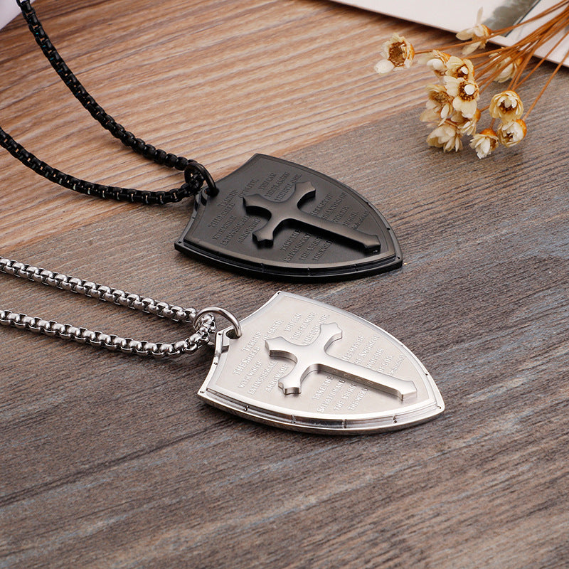 Rockyu 十字架 ネックレス メンズ ステンレス 盾ペンダント 経文刻印 クロス 厄除け お守り 開運 ギフト