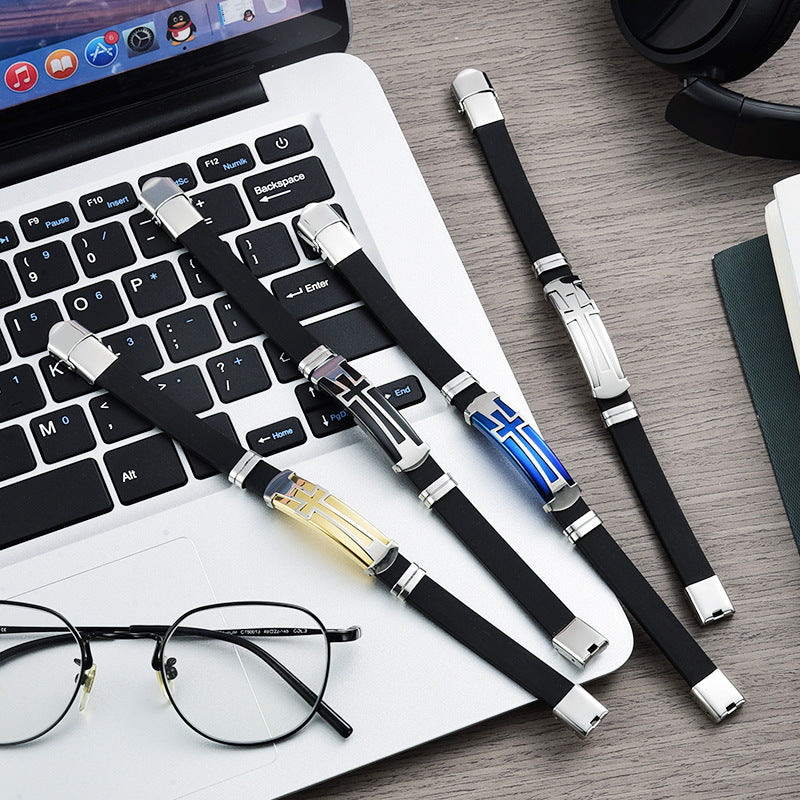 Rockyu メンズクロスブレスレット ステンレス×シリコン アジャスタブルデザイン