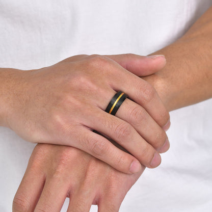 Rockyu メンズリング タングステン鋼 8mm ブラック×ゴールド／レインボー