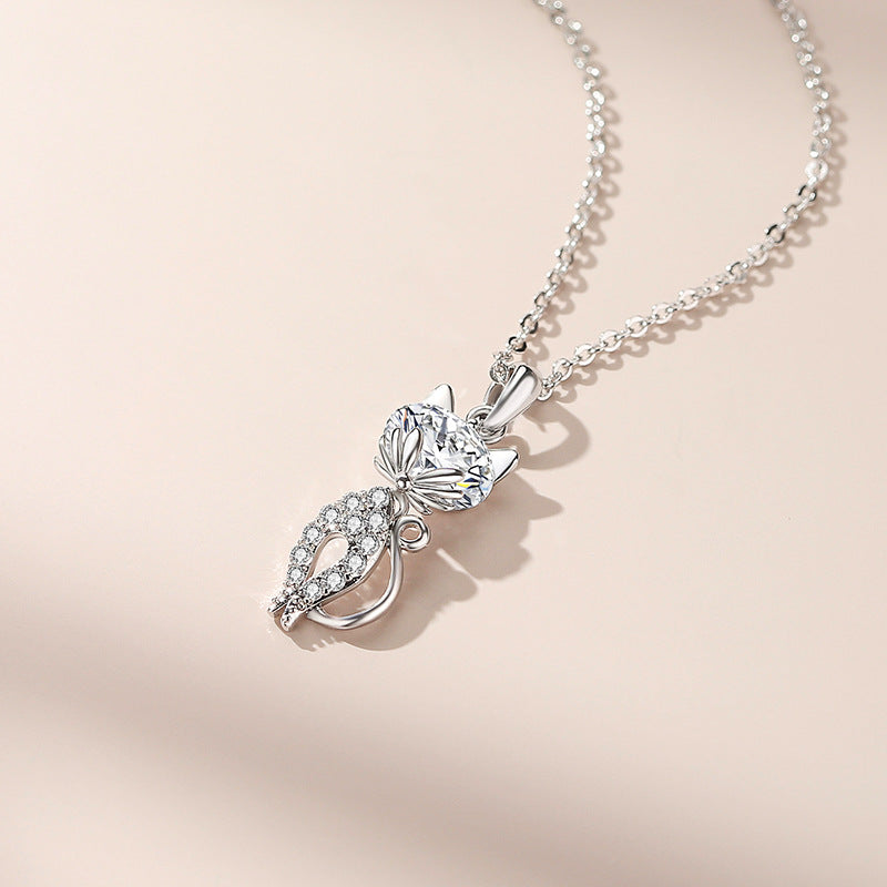 Rockyu ネックレス レディース 猫モチーフ シルバー925 ジルコニア CZダイヤ 一粒 純銀製 ペンダント