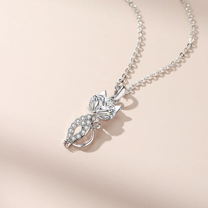 Rockyu ネックレス レディース 猫モチーフ シルバー925 ジルコニア CZダイヤ 一粒 純銀製 ペンダント