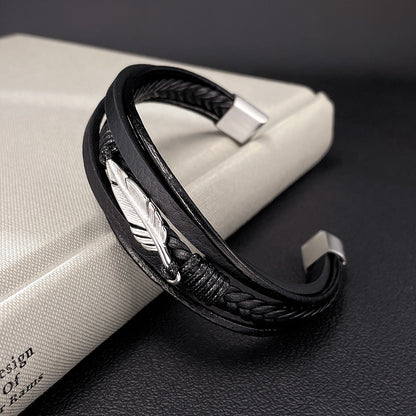 Rockyu メンズブレスレット 本革×ステンレス 羽モチーフ 編み込みデザイン