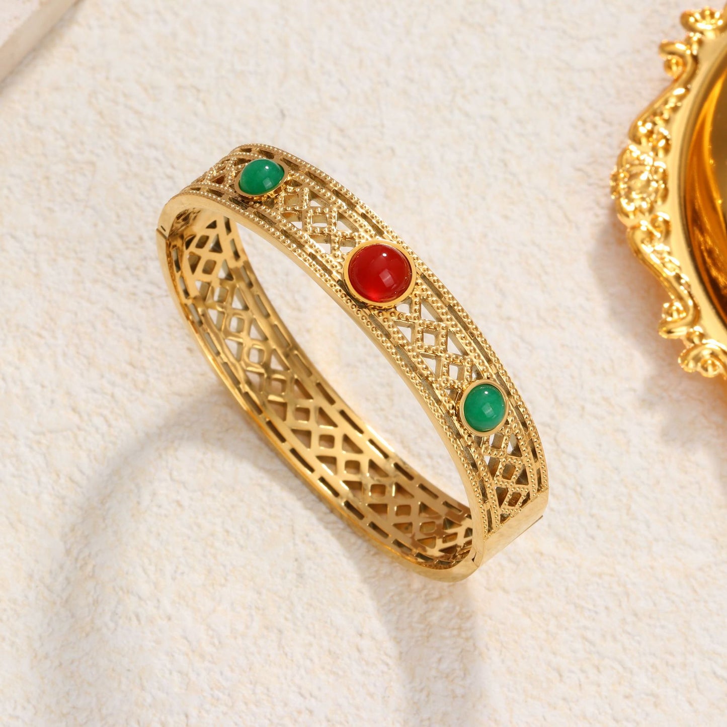 Rockyu レディース バングル 太め 透かし彫り 天然石 ゴールド・シルバー ステンレス 金属アレルギー対応