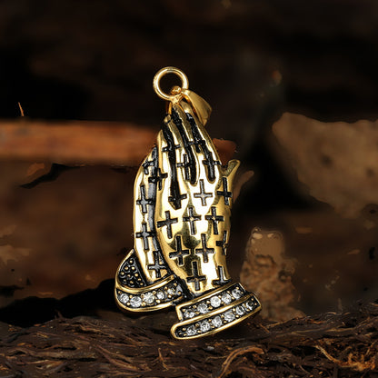 Rockyu 手の祈りネックレス ステンレス製 十字架×刻印入りメンズアクセ