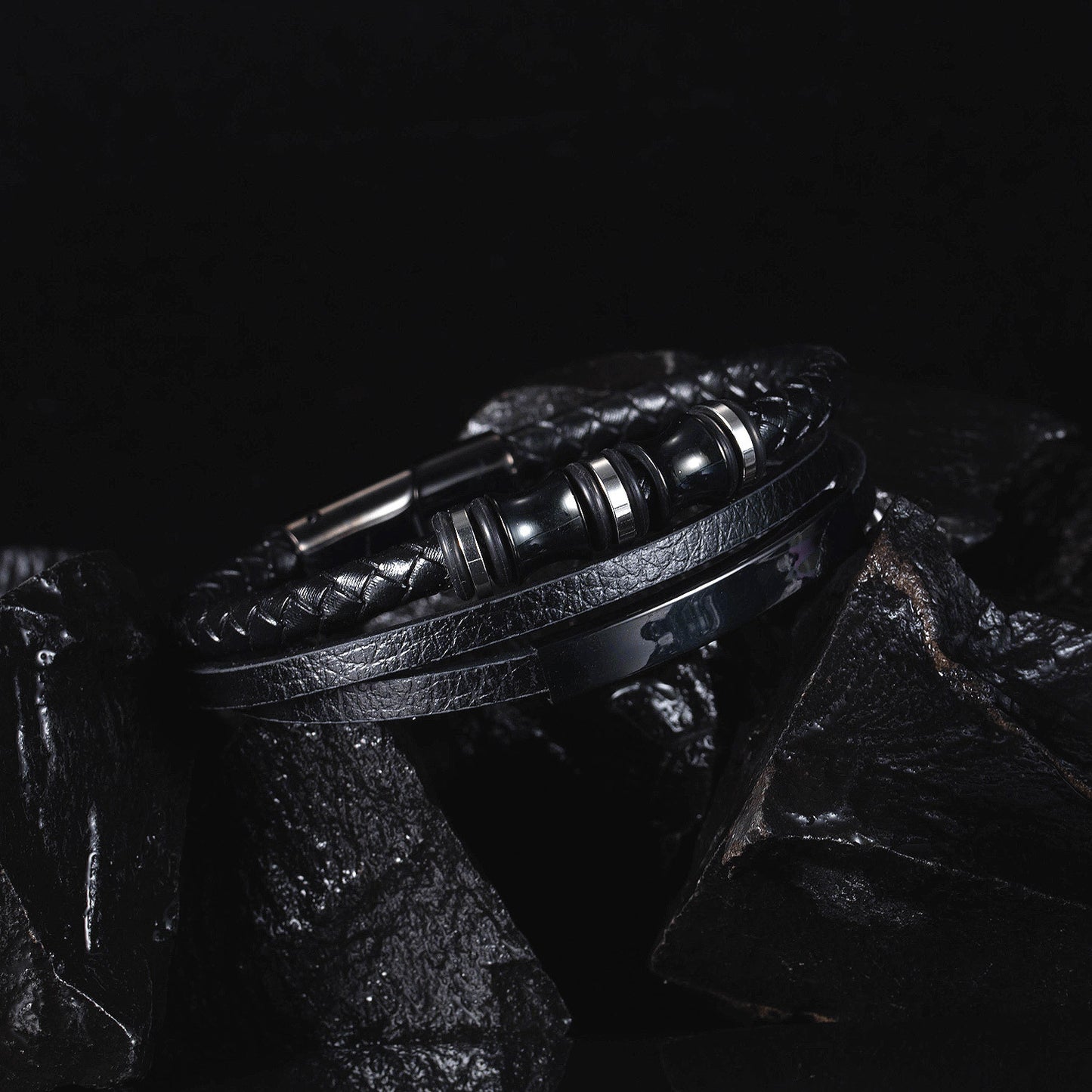 Rockyu メンズ三層レザーブレスレット ブラック ステンレス 編込みチェーン バングル