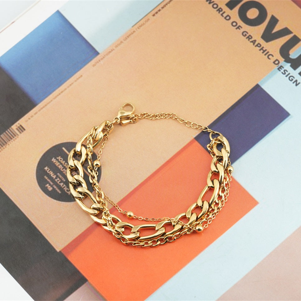 Rockyu ブレスレット レディース シルバー 三連チェーン 多層デザイン 調整可能