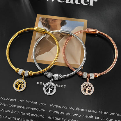 Rockyu ブレスレット レディース 18金メッキ ジルコニア 生命の樹 磁石型バングル 純チタン アレルギー対応