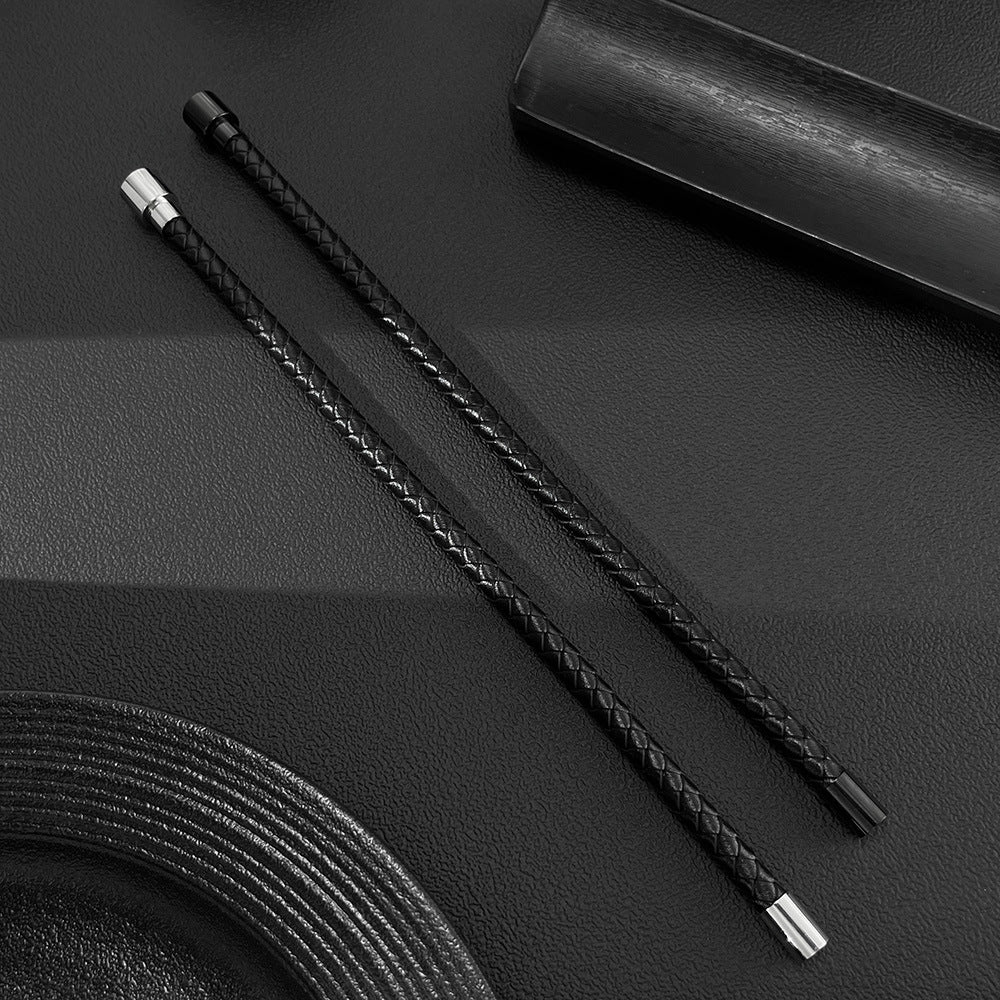 Rockyu ブレスレット メンズ レザー編み込み ステンレス留め具 シンプル おしゃれ ブラックバングル