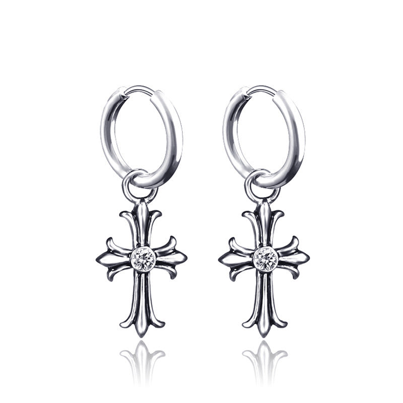 Rockyu ピアス メンズ レディース シルバー ジルコニア フープ クロスチタン 十字架 金属アレルギー対応 ヨーロッパ風