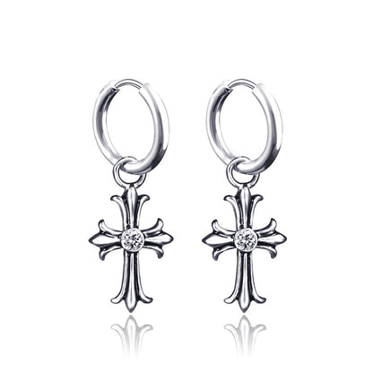Rockyu ピアス メンズ レディース シルバー ジルコニア フープ クロスチタン 十字架 金属アレルギー対応 ヨーロッパ風