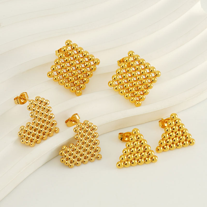 Rockyu ピアス レディース ゴールド ビーズデザイン ステンレス鋼 金属アレルギー対応 スタッドピアス 四角・三角・ハート 18Kメッキ