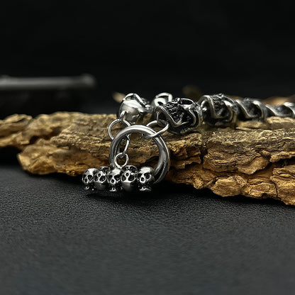 Rockyu スカルチェーンブレスレット メンズ｜ゴシック＆ロックデザイン｜幅広 シルバー｜サージカルステンレス製 金属アレルギー対応