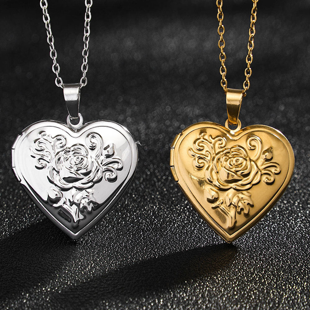 Rockyu レディースネックレス ハートロケットペンダント 写真入れ 薔薇モチーフ シルバー ゴールド 鎖骨チェーン 上品 アクセサリー