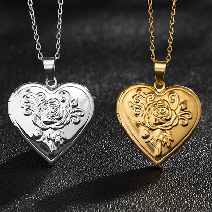 Rockyu レディースネックレス ハートロケットペンダント 写真入れ 薔薇モチーフ シルバー ゴールド 鎖骨チェーン 上品 アクセサリー