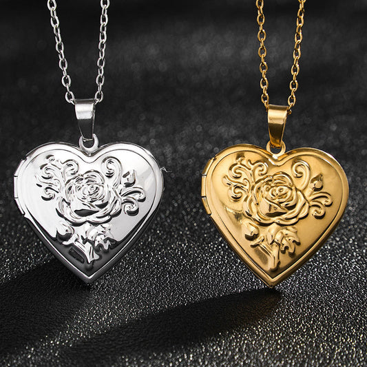 Rockyu レディースネックレス ハートロケットペンダント 写真入れ 薔薇モチーフ シルバー ゴールド 鎖骨チェーン 上品 アクセサリー
