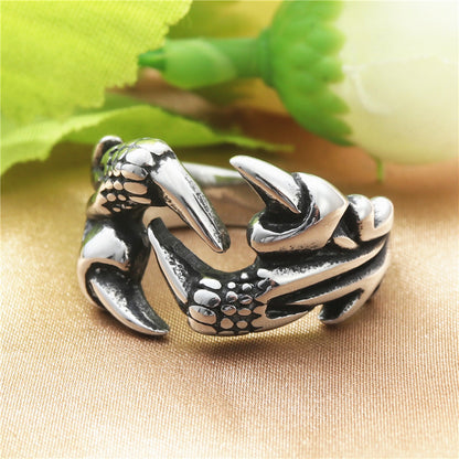 Rockyu メンズリング ステンレス 龍爪デザイン クラブ型 立体彫刻 シルバー レトロアンティーク風アクセサリー