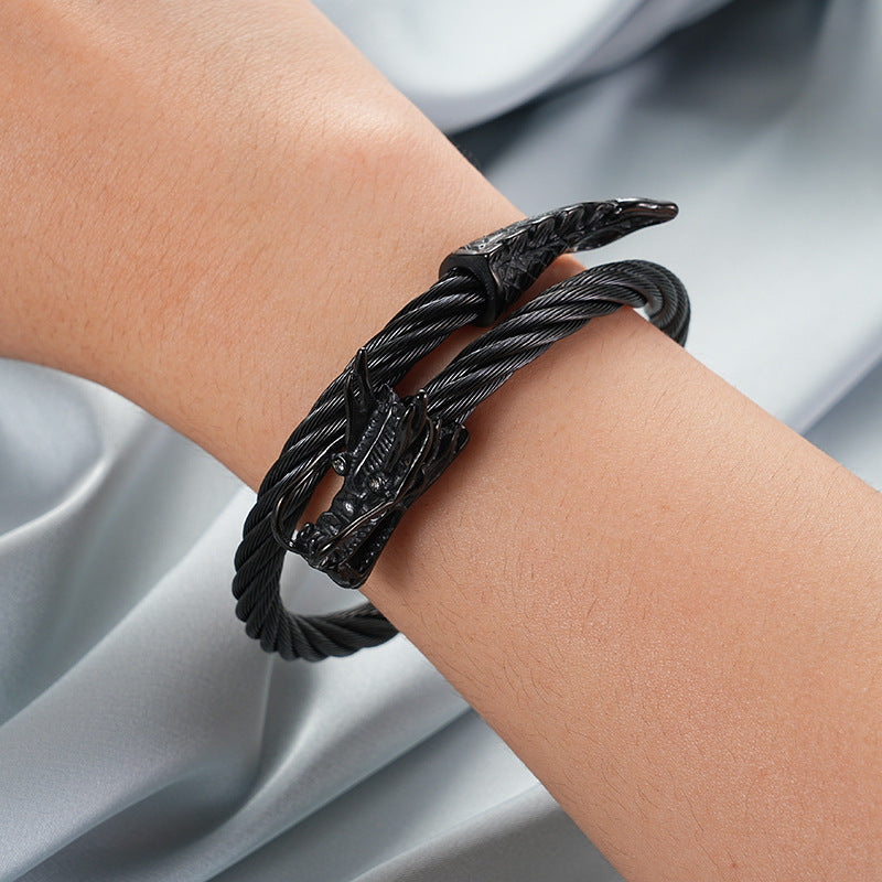 Rockyu ワイヤードラゴンバングル｜メンズ向けシルバーステンレスブレスレット