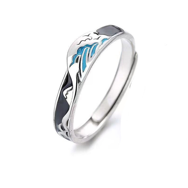 Rockyu 指輪 レディース フリーサイズ シルバー925 波・月モチーフ ブルーエナメル ペアリング風デザイン