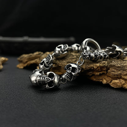 Rockyu スカルチェーンブレスレット メンズ｜ゴシック＆ロックデザイン｜幅広 シルバー｜サージカルステンレス製 金属アレルギー対応