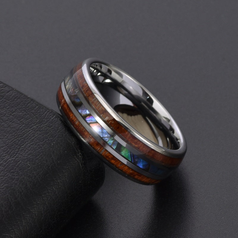Rockyu チタン製 ウッド&シェルインレイ メンズリング 幅広デザイン 金属アレルギー対応 誕生日 記念日 ギフト