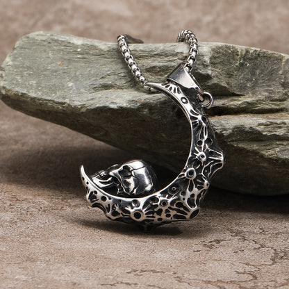 Rockyu メンズネックレス 月とスカルのダークペンダント ステンレス製 60cmチェーン付き