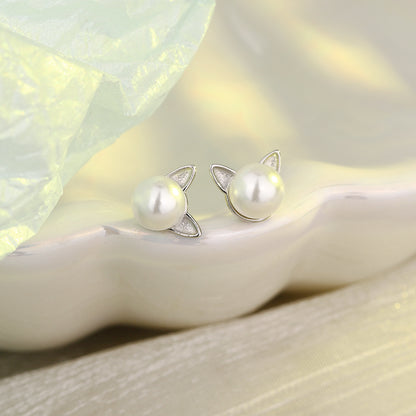 Rockyu 猫耳パールピアス レディース シルバー プチサイズ 可愛いアクセ