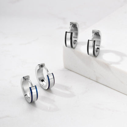 Rockyu ピアス 幅広フープ メンズ レディース シルバー×ブルー ステンレス 鏡面仕上げ 金属アレルギー対応