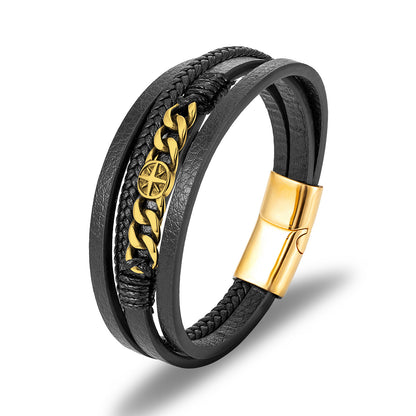 Rockyu メンズブレスレット レザー 黒 多重巻き チェーン 幅広 バングル アクセサリー