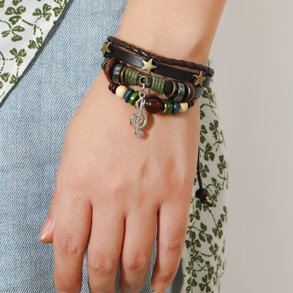 Rockyu メンズブレスレット 多重レザー 音符チャーム付き 編み込みバングル