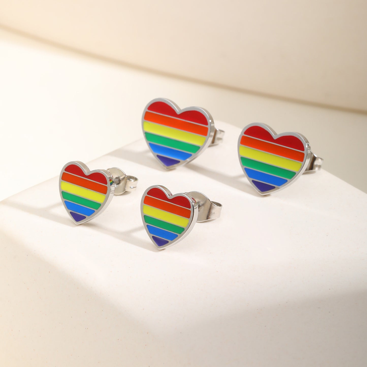 Rockyu レディース ピアス ハート レインボー ステンレス鋼 金属アレルギー対応 エナメル カラフル セカンドピアス