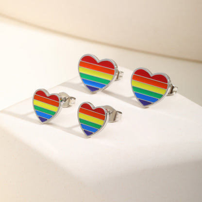 Rockyu レディース ピアス ハート レインボー ステンレス鋼 金属アレルギー対応 エナメル カラフル セカンドピアス