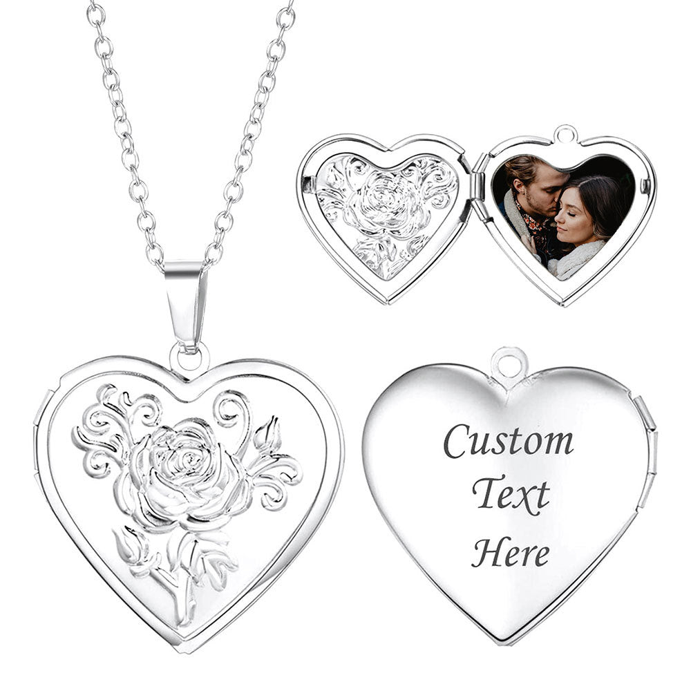 Rockyu レディースネックレス ハートロケットペンダント 写真入れ 薔薇モチーフ シルバー ゴールド 鎖骨チェーン 上品 アクセサリー