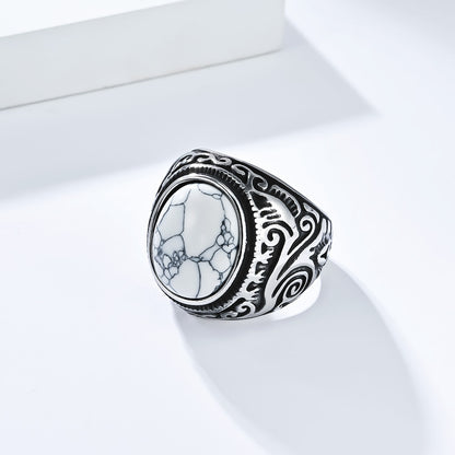 Rockyu メンズ ステンレスリング – 天然石オニキス＆タイガーアイ装飾 シルバー彫刻デザイン
