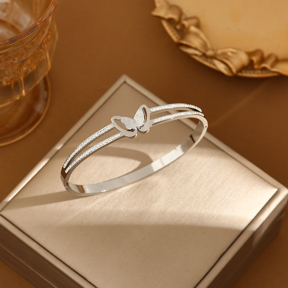 Rockyu ブレスレット レディース 蝶モチーフ ジルコニア入り 18Kピンクゴールド チタン製