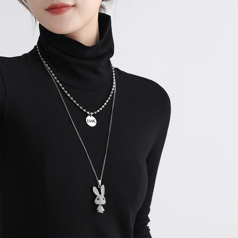 Rockyu レディースネックレス うさぎとくまの二連ロングチェーンペンダント