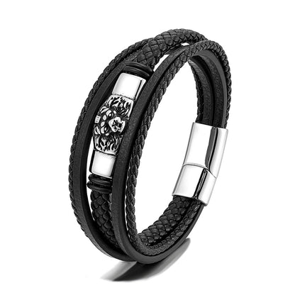 Rockyu メンズ ブレスレット スカル レザー ブラック 3連デザイン 翼モチーフ おしゃれ アクセサリー